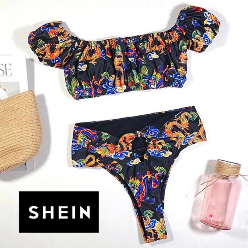 NWOT SHEIN Black Dragon Print Off-Shoulder Ring Detail High Waisted Bikini Set - Picture 2 of 13